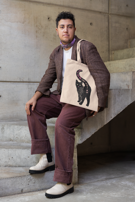 "STOP STARING" Cat Behind Cotton Canvas Tote Bag