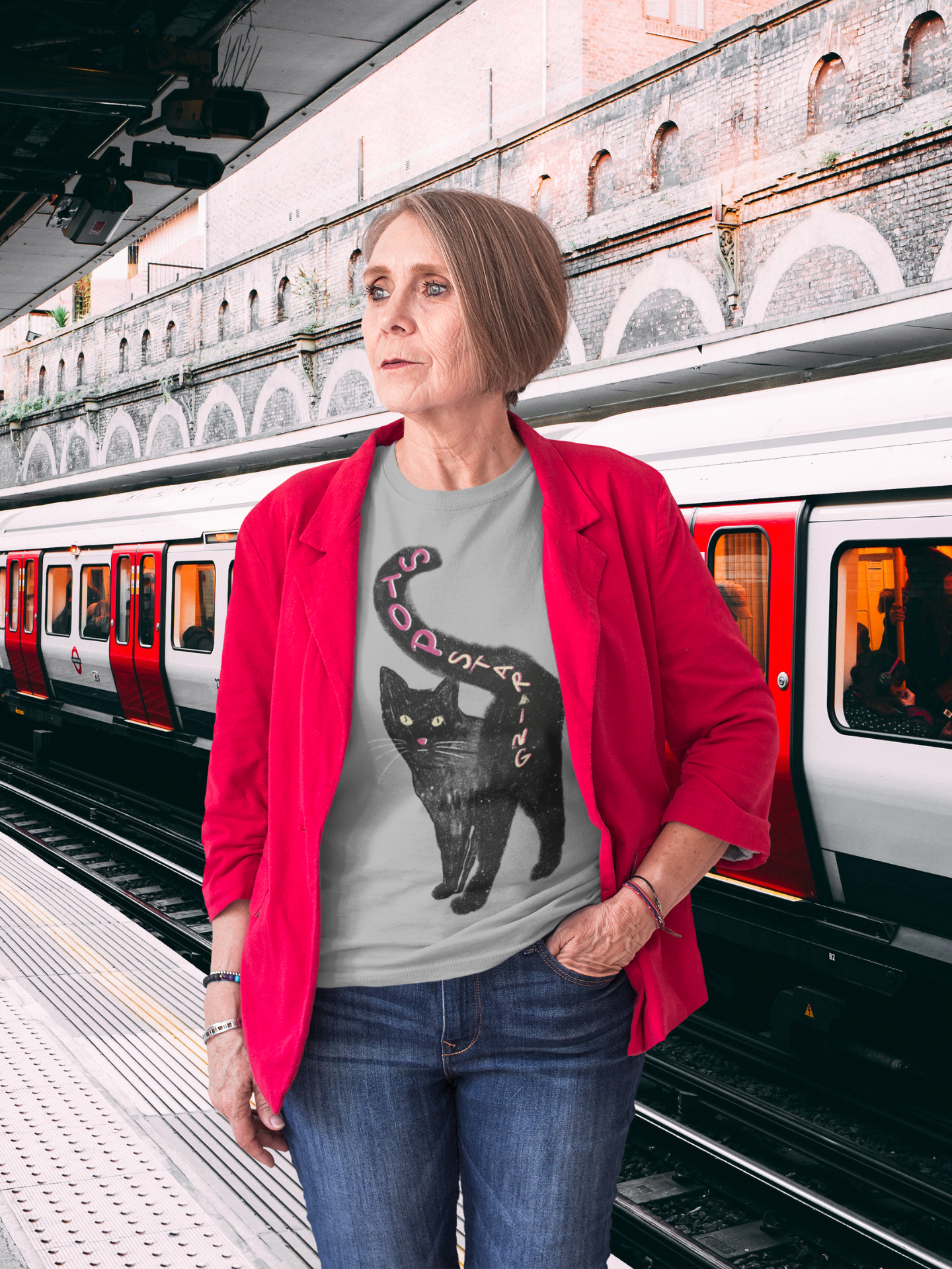 "STOP STARING" Cat Butt Short Sleeve V-Neck Tee