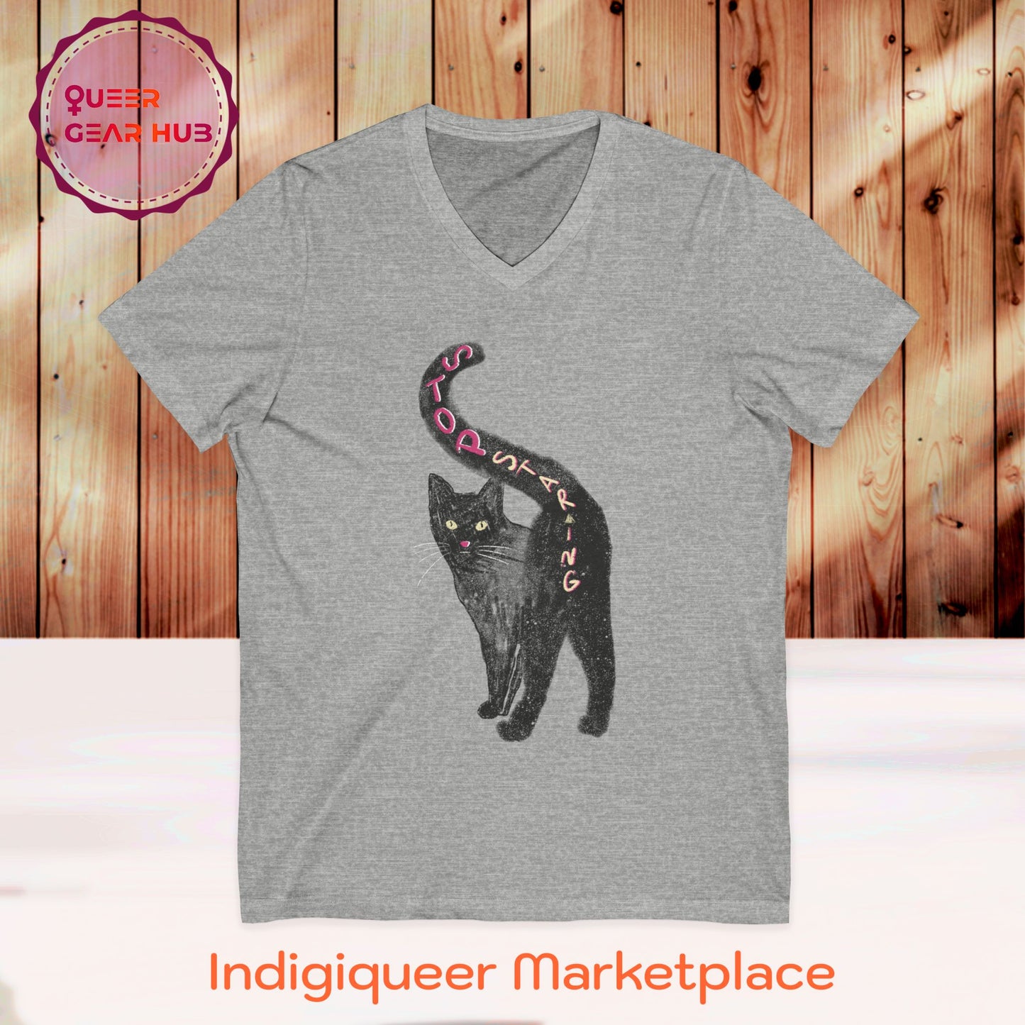 "STOP STARING" Cat Butt Short Sleeve V-Neck Tee