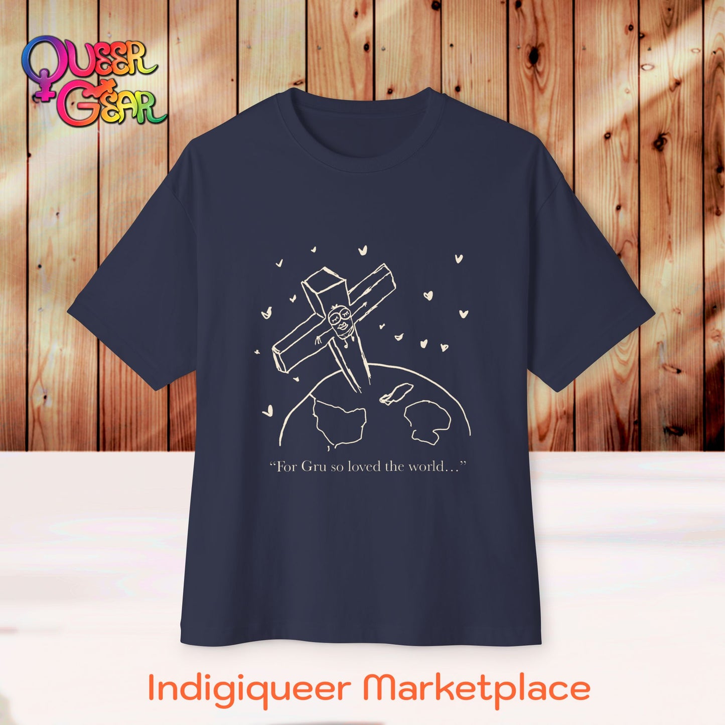 Crucified minion Cross Earth Sketch Tee - "For Gru so loved the world..." Oversized T-Shirt