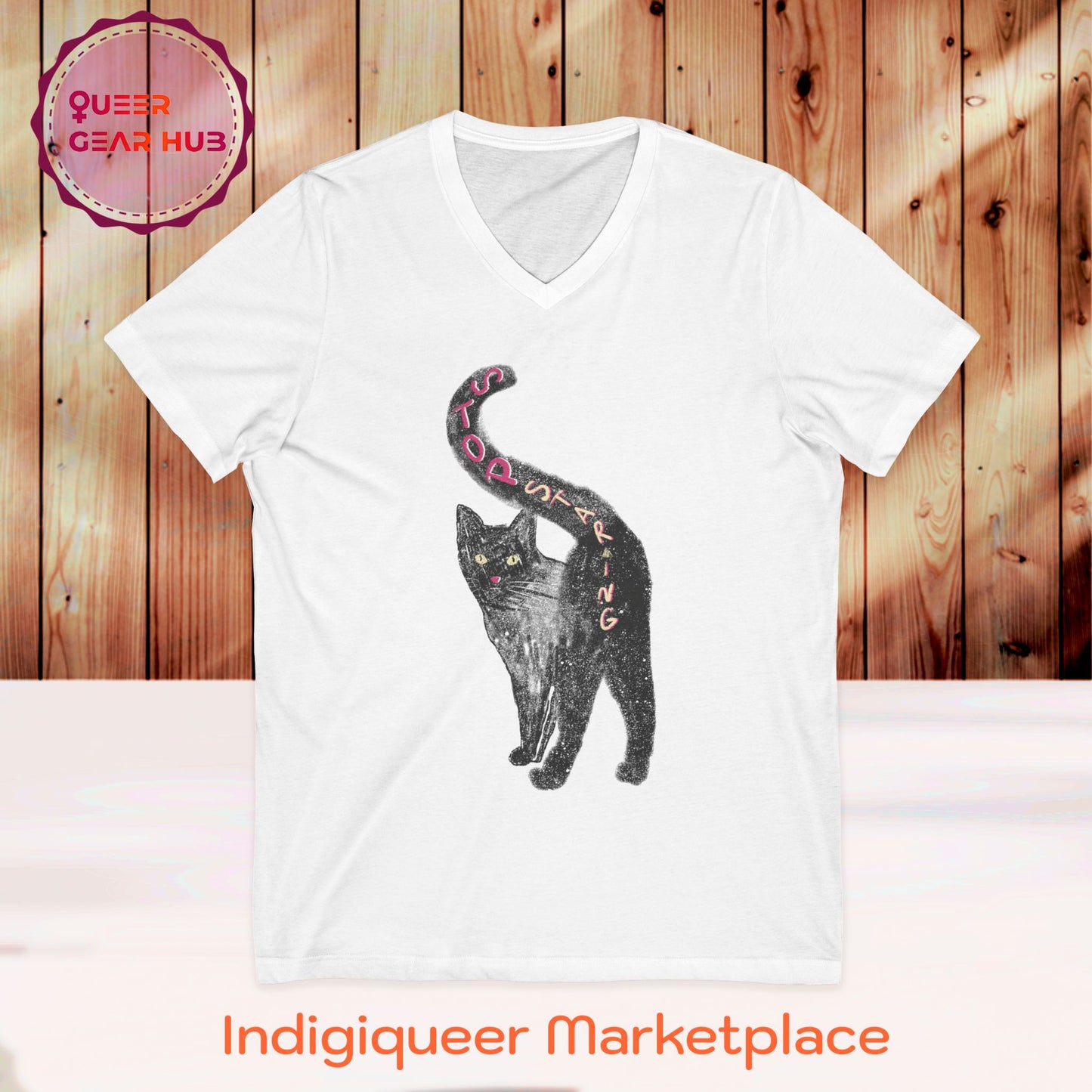 "STOP STARING" Cat Butt Short Sleeve V-Neck Tee