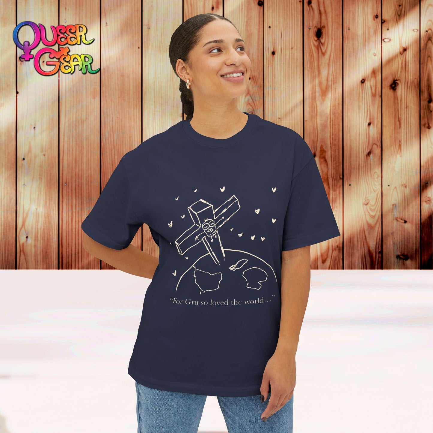 Crucified minion Cross Earth Sketch Tee - "For Gru so loved the world..." Oversized T-Shirt