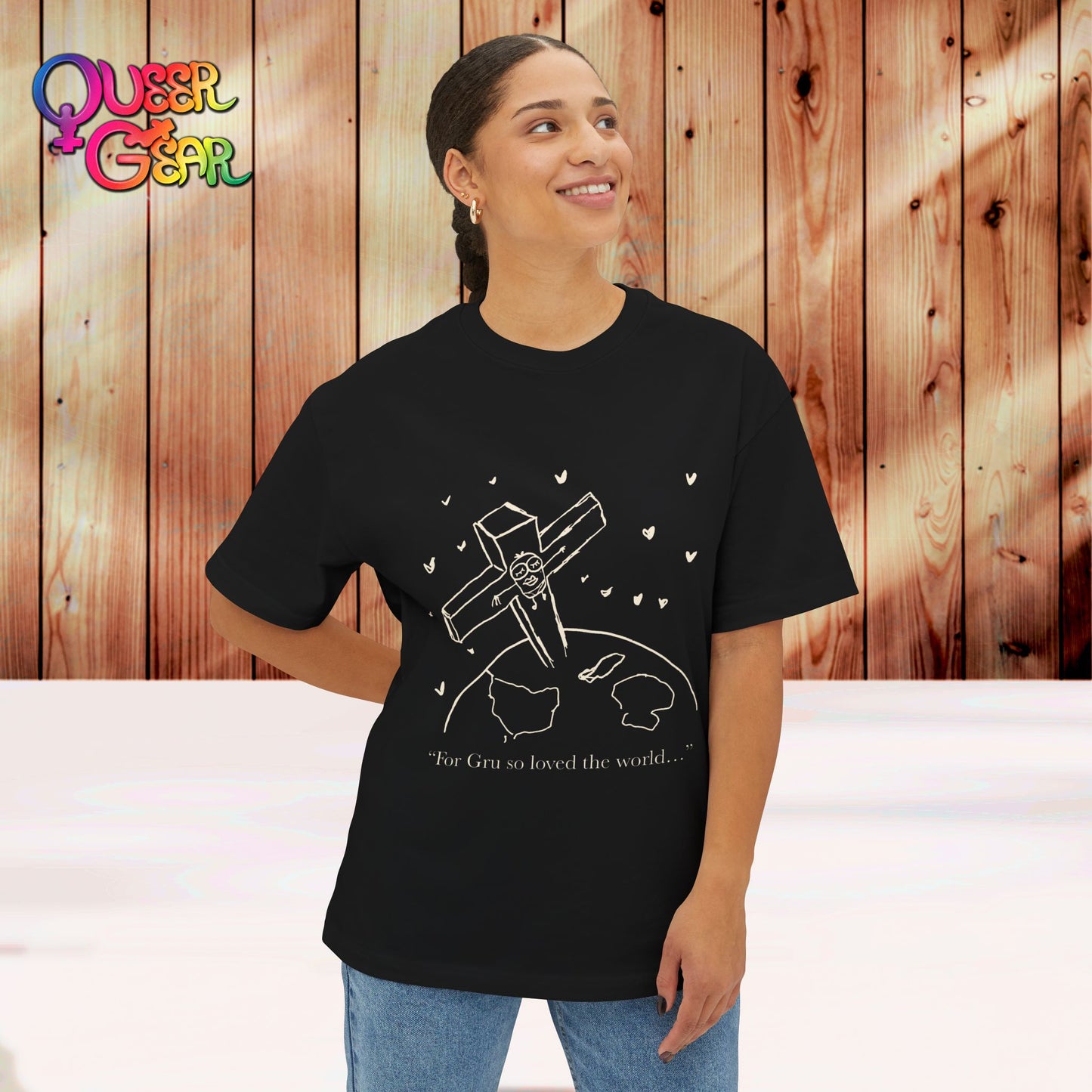Crucified minion Cross Earth Sketch Tee - "For Gru so loved the world..." Oversized T-Shirt