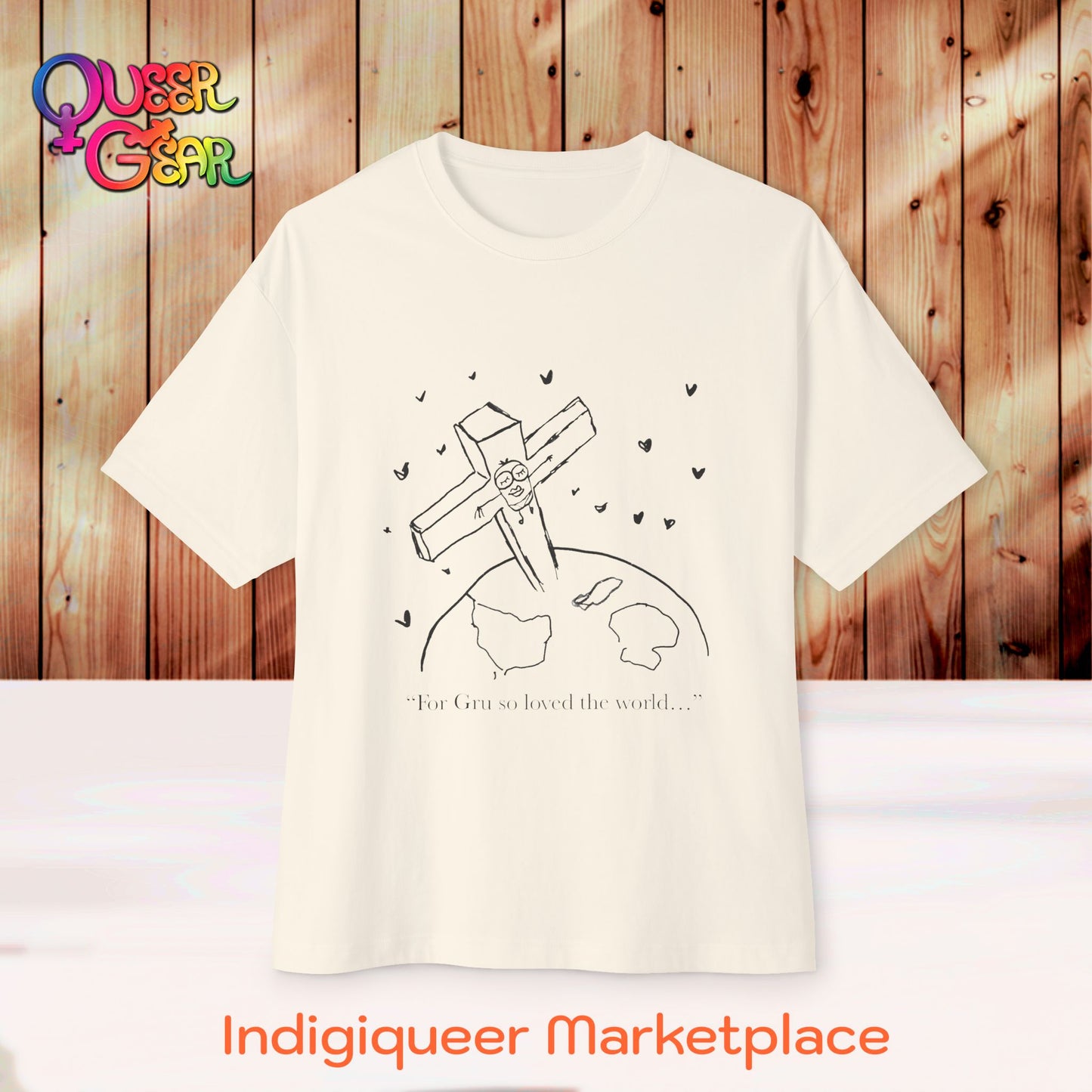 Crucified minion Cross Earth Sketch Tee - "For Gru so loved the world..." Oversized T-Shirt