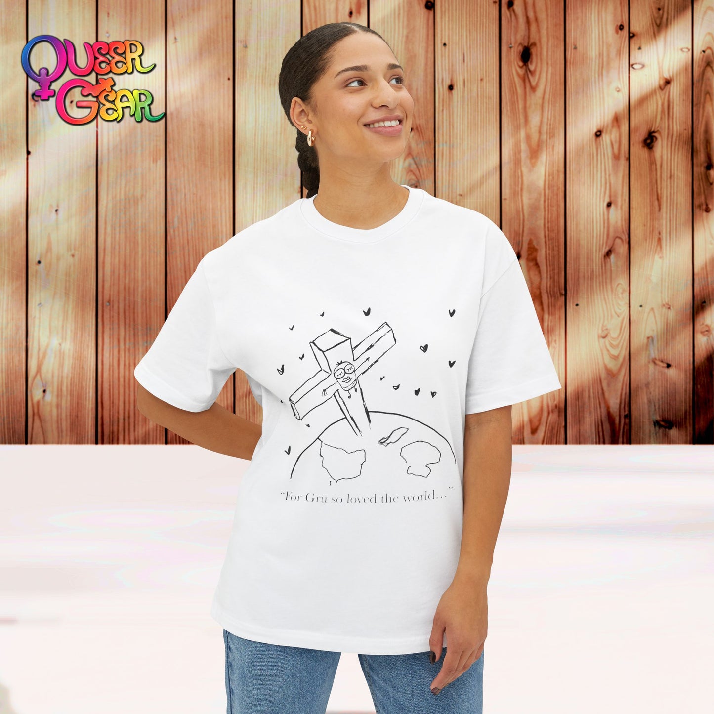 Crucified minion Cross Earth Sketch Tee - "For Gru so loved the world..." Oversized T-Shirt