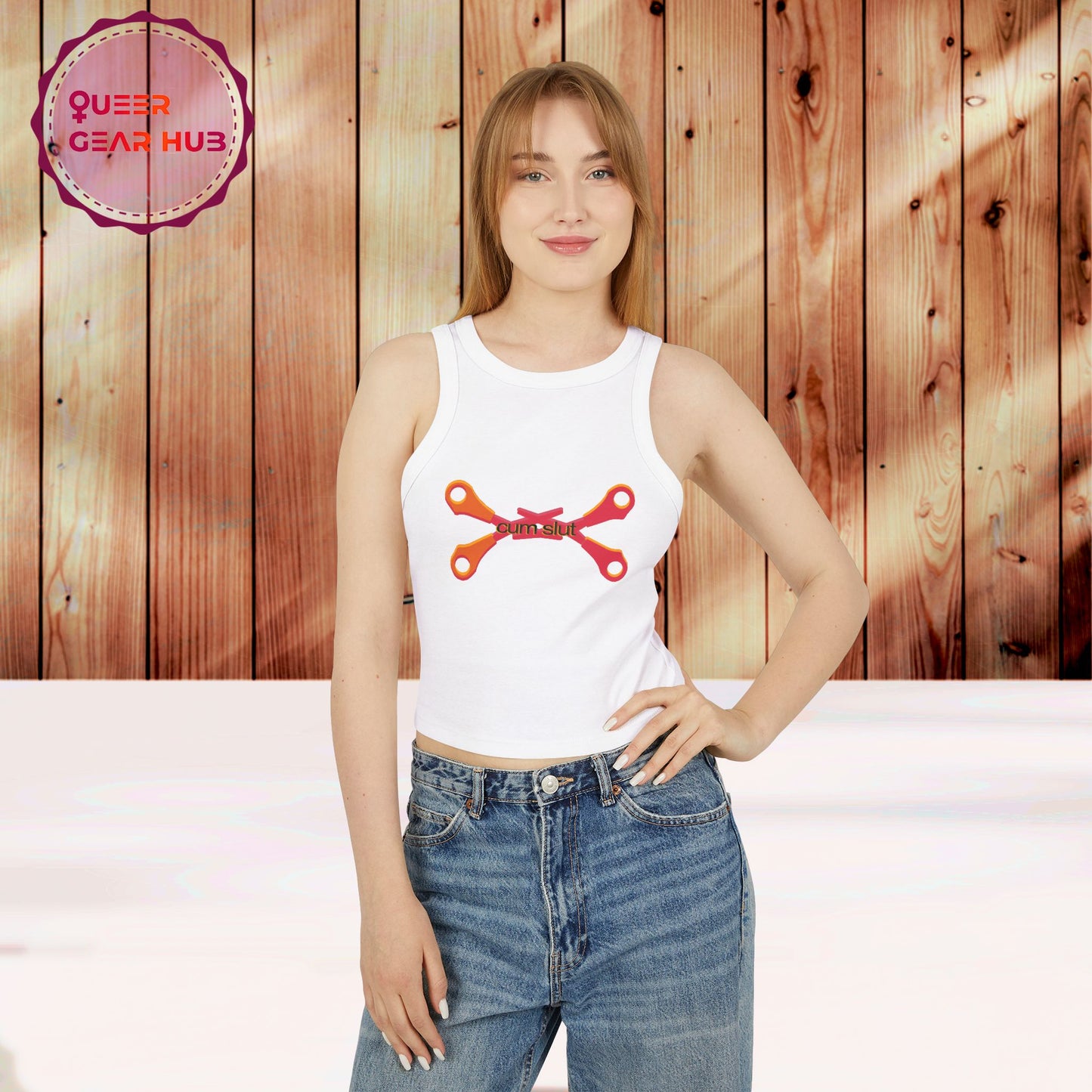 Scissoring Cum Slut Tank, Proudly Queer Sapphic Racer Tank Top, Cheeky Fun Summer Apparel, 2SLGBTQ+ Pride Wear, Casual Comfort, Adult Humor Statement Piece