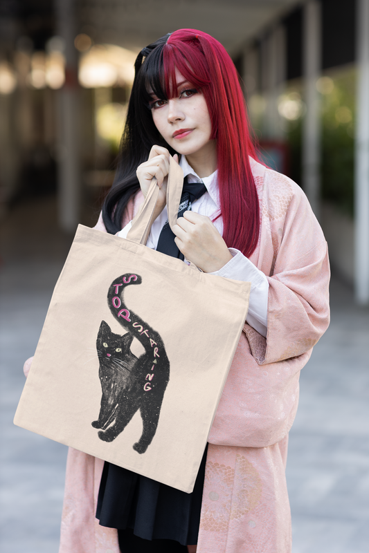 "STOP STARING" Cat Behind Cotton Canvas Tote Bag