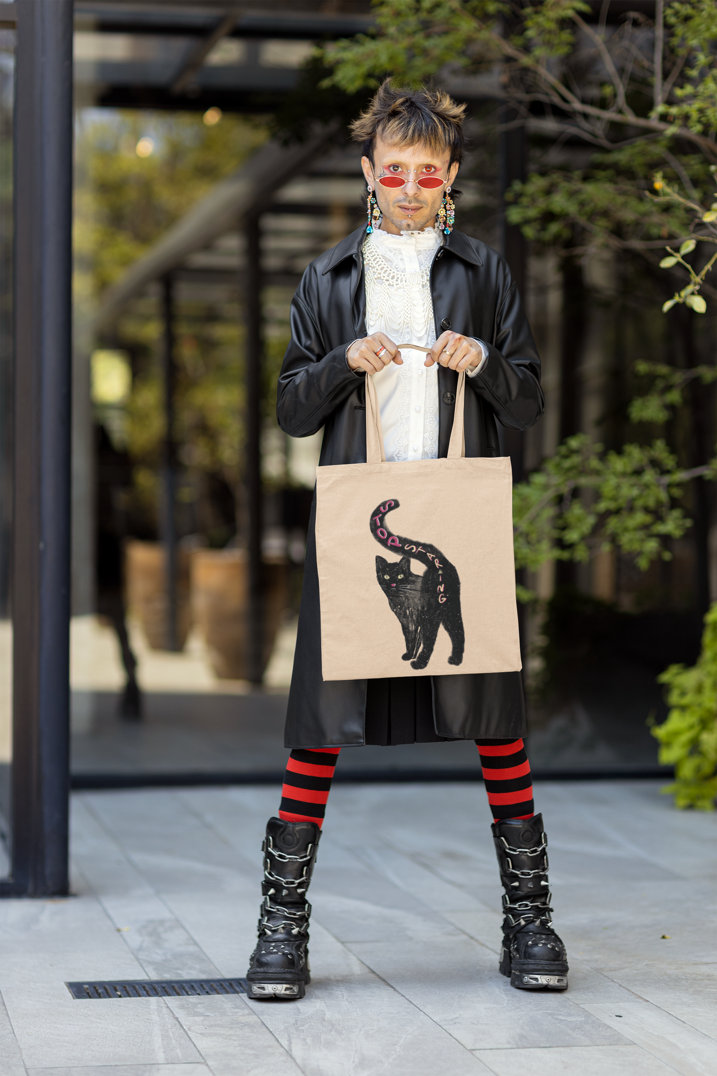 "STOP STARING" Cat Behind Cotton Canvas Tote Bag