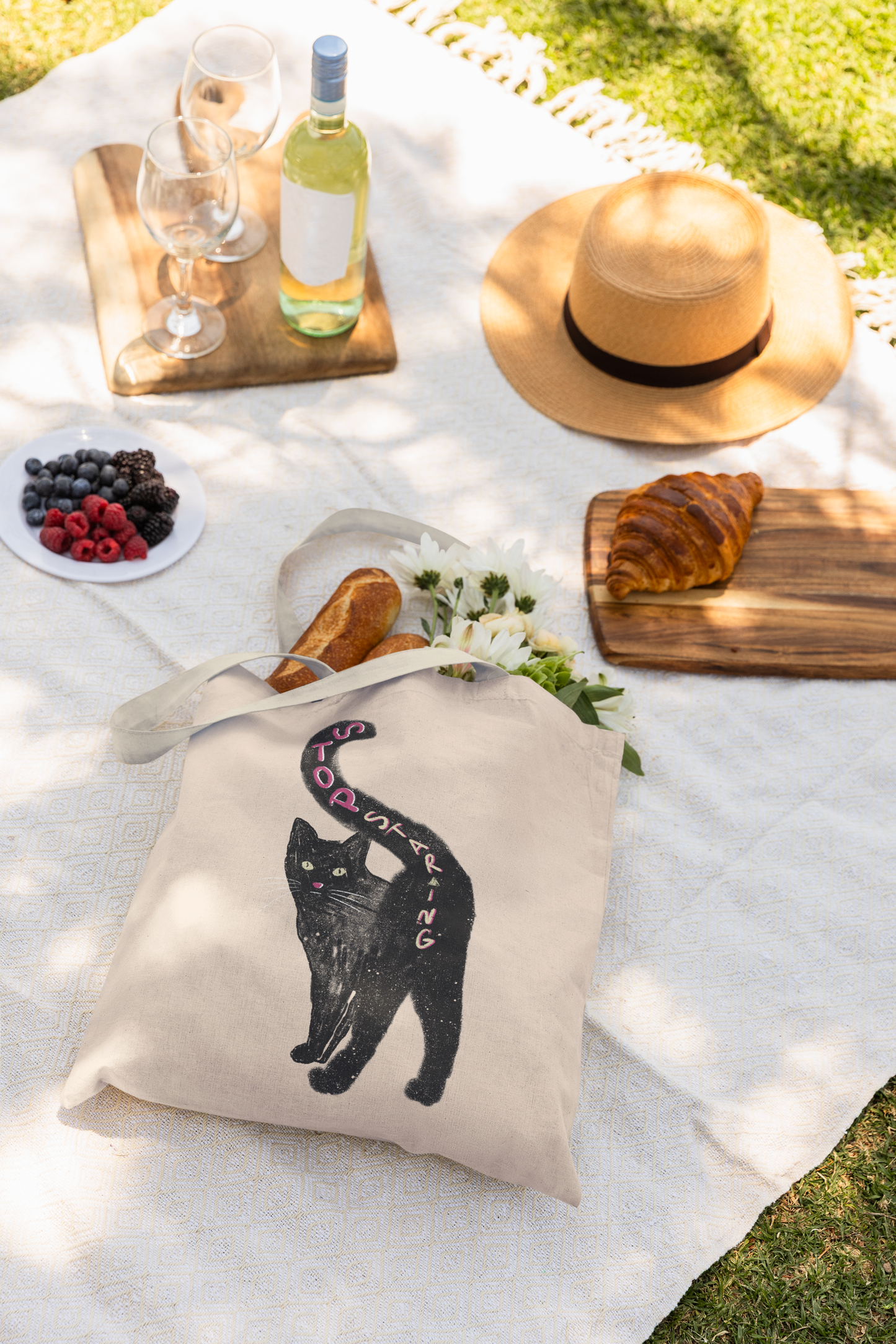 "STOP STARING" Cat Behind Cotton Canvas Tote Bag