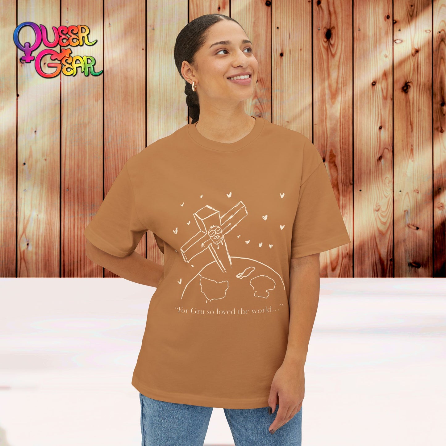 Crucified minion Cross Earth Sketch Tee - "For Gru so loved the world..." Oversized T-Shirt