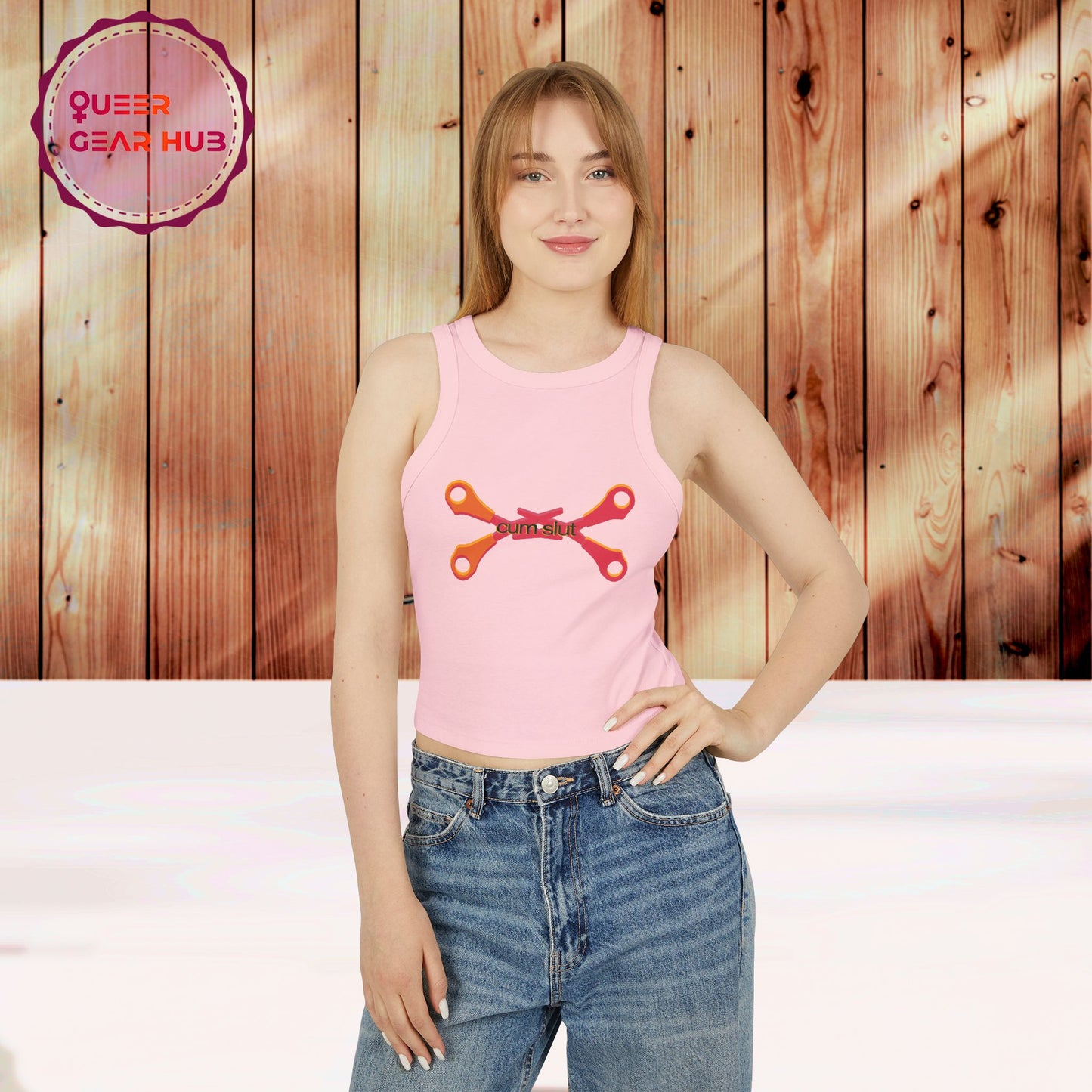 Scissoring Cum Slut Tank, Proudly Queer Sapphic Racer Tank Top, Cheeky Fun Summer Apparel, 2SLGBTQ+ Pride Wear, Casual Comfort, Adult Humor Statement Piece