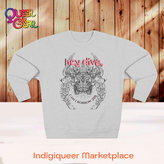 Hey Diva Crewneck Sweatshirt — Biblically Accurate Angel "Can I Borrow 20$" Graphic