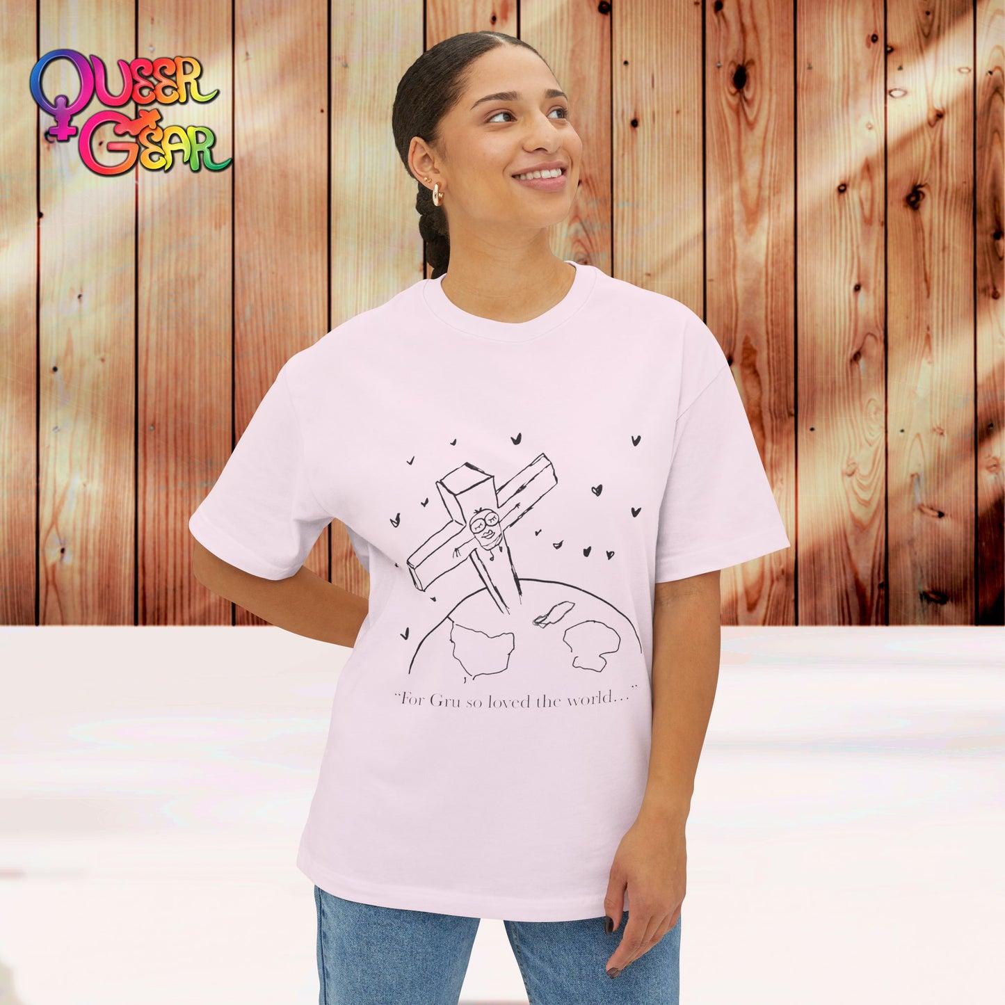 Crucified minion Cross Earth Sketch Tee - "For Gru so loved the world..." Oversized T-Shirt