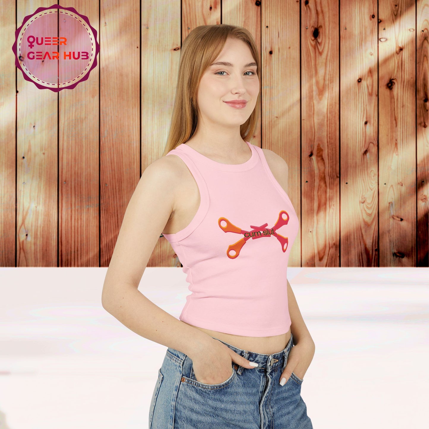 Scissoring Cum Slut Tank, Proudly Queer Sapphic Racer Tank Top, Cheeky Fun Summer Apparel, 2SLGBTQ+ Pride Wear, Casual Comfort, Adult Humor Statement Piece