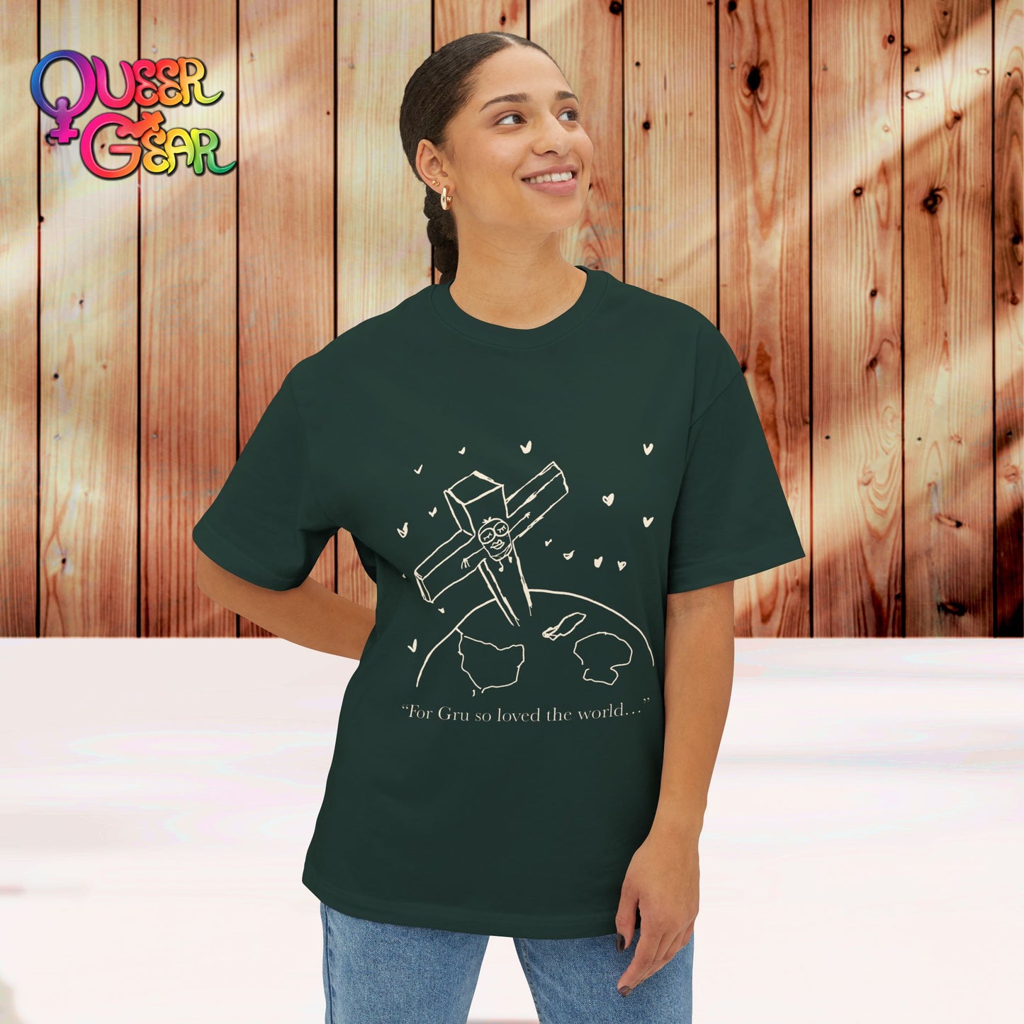 Crucified minion Cross Earth Sketch Tee - "For Gru so loved the world..." Oversized T-Shirt