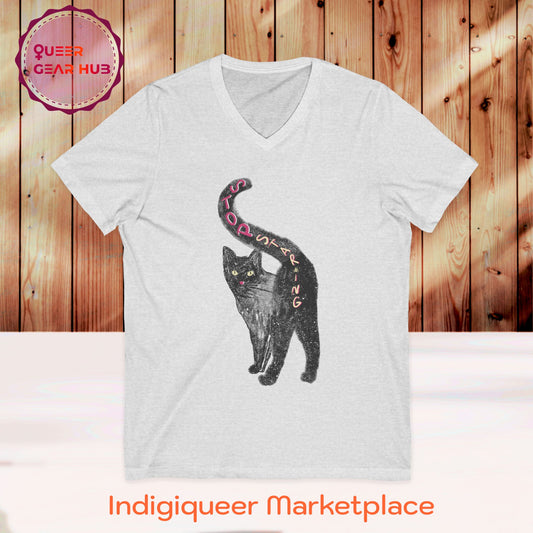 "STOP STARING" Cat Butt Short Sleeve V-Neck Tee