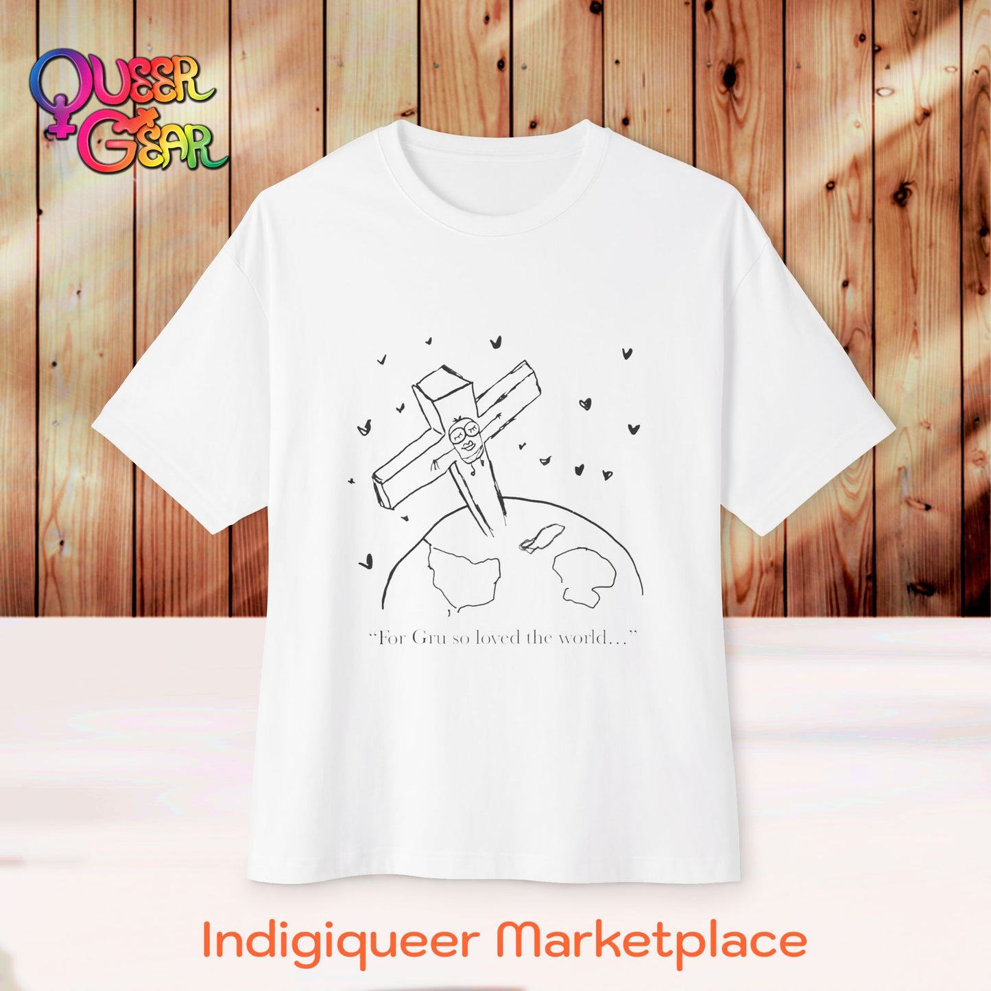 Crucified minion Cross Earth Sketch Tee - "For Gru so loved the world..." Oversized T-Shirt
