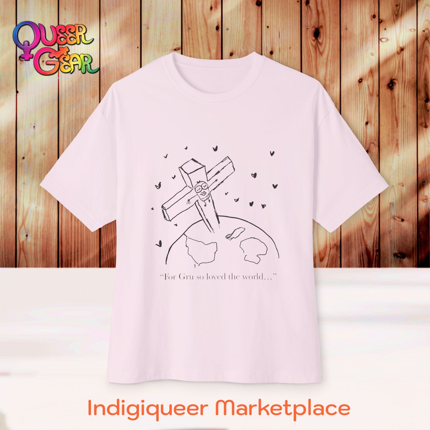 Crucified minion Cross Earth Sketch Tee - "For Gru so loved the world..." Oversized T-Shirt